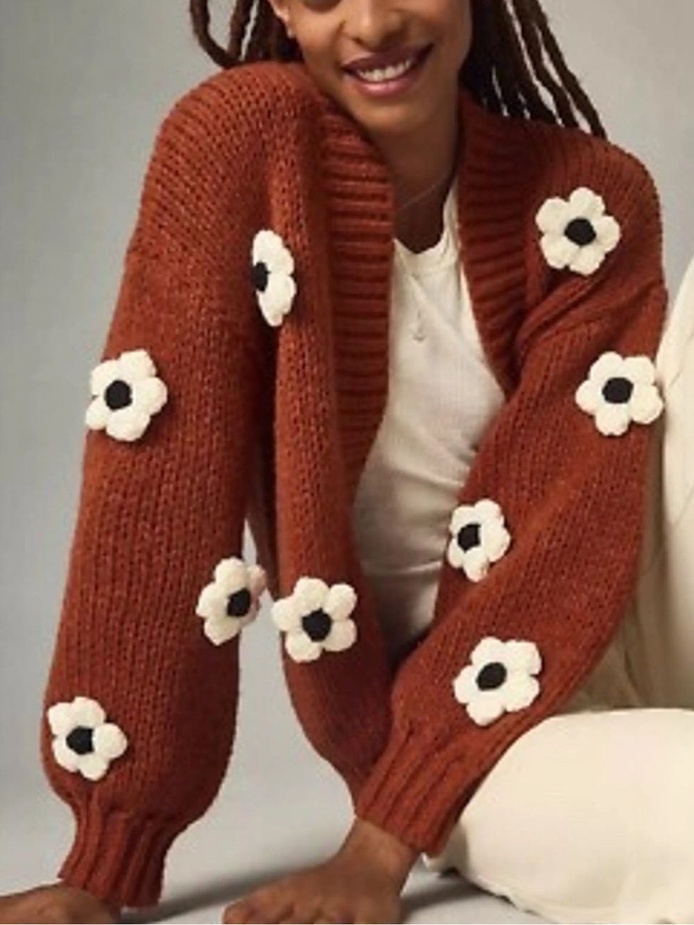Anthropologie Maeve The Susannah 3D Flower Cardigan Sweater Brown White-One Size